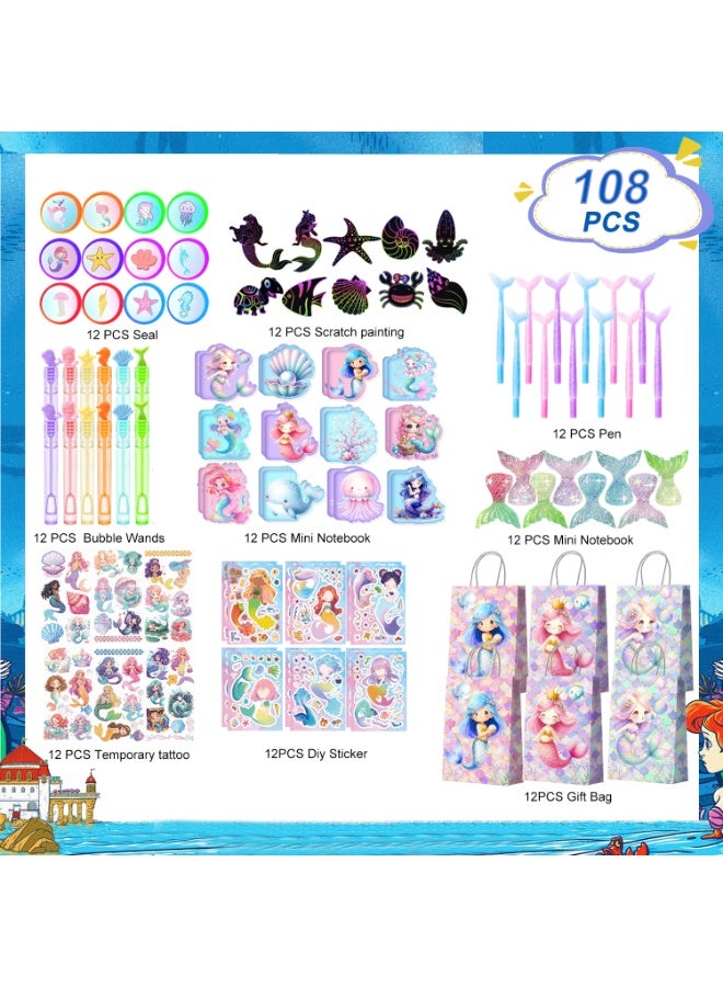 FRUITFUL PARTY Mermaid Party Favors for 12 Guests, 108pcs Mermaid Birthday Party Favor Set with Gift Bags, Stickers, Tattoos, Mini Notebooks, Bubble Wands, Pens, Scratch Art & Seals – Mermaid Theme Party Decoration Supplies - Image 2